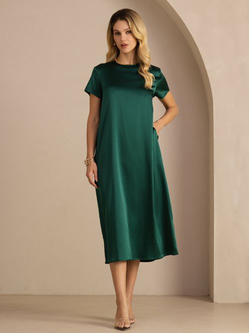 19Momme Silk Short Sleeve Crew Neck  Midi Dress With Side Pockets