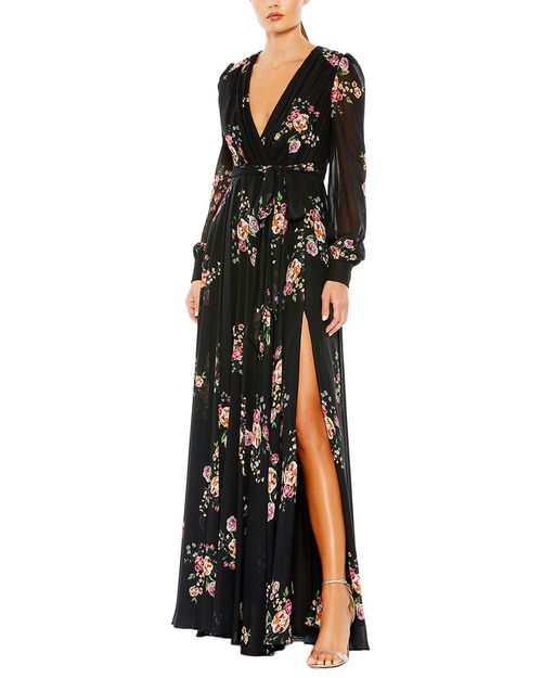 Belted Floral Print Illusion Long Sleev