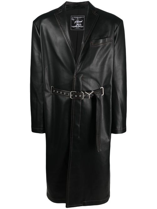 Belted faux-leather coat - Black