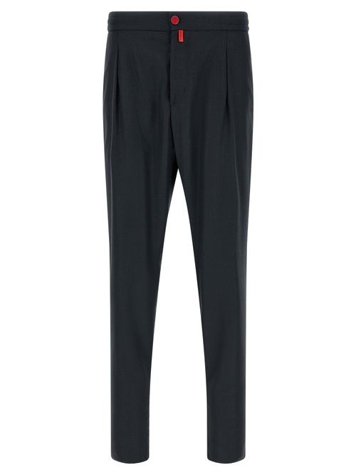 Virgin Wool with Contrast Red Button Trousers — Navy