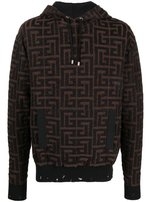 Monogram-jacquard cotton hoodie - Brown