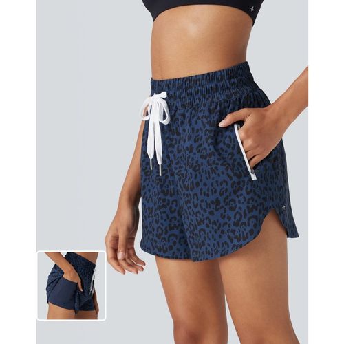 Halara High Waisted Drawstring Curved Hem Leopard Print 2-in-1 Workout Shorts with Pockets - Midnight Leopard