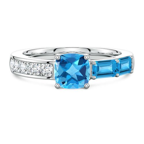 Lee Harris x Angara 2.09 CTW Cushion Swiss Blue Topaz Modern Art Deco Inspired Side Stone Ring in Platinum