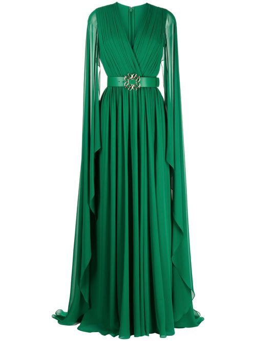 Long-sleeve draped silk gown - Green