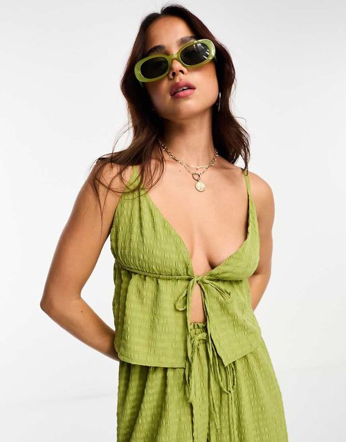 Esmee Exclusive beach textured tie front top co-ord in green