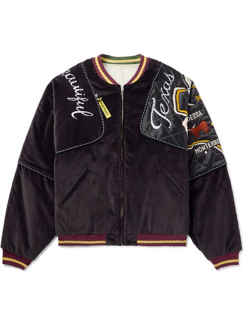 Embroidered Quilted Shell-Trimmed Cotton-Velvet Bomber Jacket