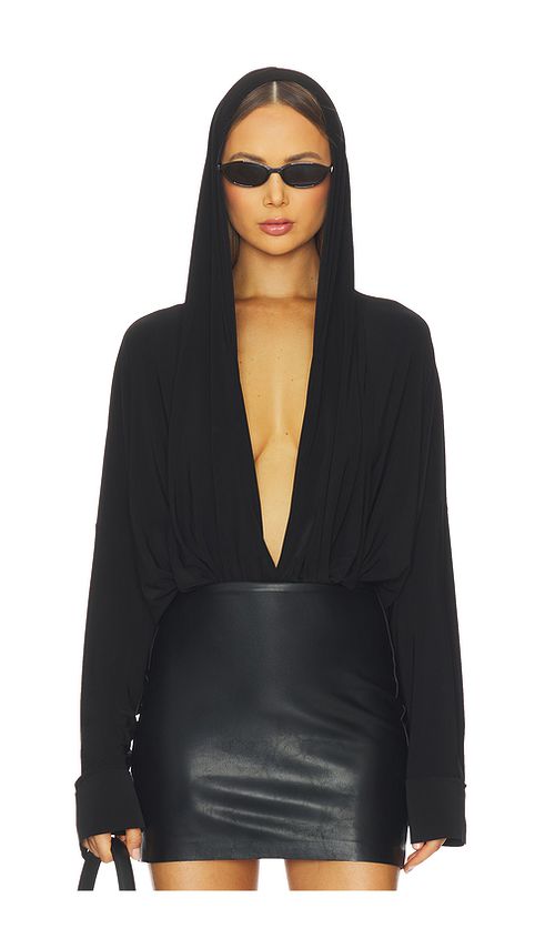 Norma Kamali Hooded Super Oversized Boyfriend Shirt Bodysuit in Black