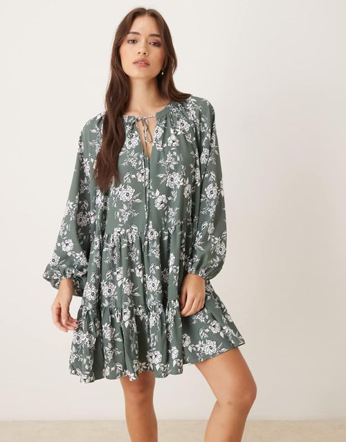 Swing mini dress in khaki white floral-Green