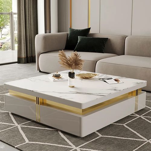 Trimied 1100mm Modern White Square Storage Coffee Table Stone Top with 4 Wood Drawer