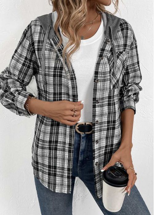 Modlily Black Button Plaid Long Sleeve Hoodie