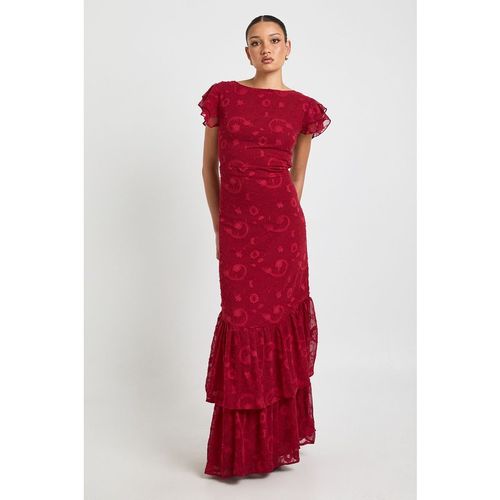 Boohoo Womens Floral Burnout Ruffle Hem Maxi Dress - Red