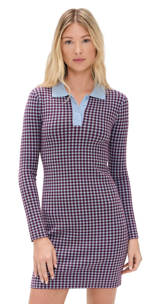 Gingham Knit Polo Dress Burgundy/Light Blue