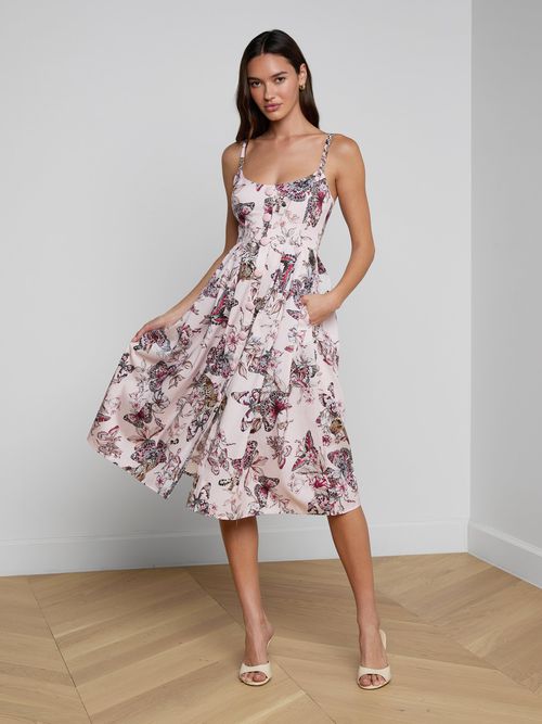 Reanne Midi Dress In Light Nectar Pink Multi Large Butterfly Jungle