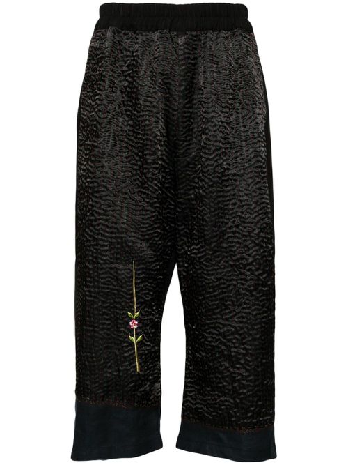 Floral-embroidered cropped trousers - Black