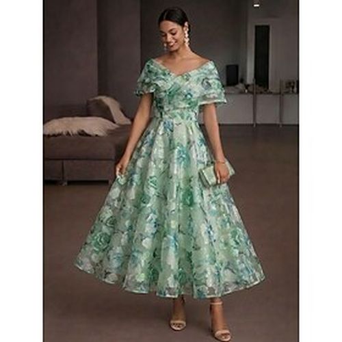 A-Line Ankle Length Cocktail Dresses Elegant Vintage Floral Short Sleeve Off Shoulder Garden Party Wedding Organza Pinstripe with Lace Pleat