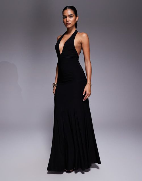 Double sculpted slinky plunge halterneck godet hem maxi dress in black