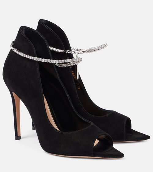 Gianvito Rossi Crystal-embellished suede peep-toe pumps