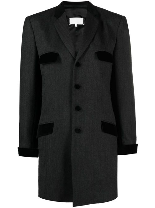 Velvet-trim wool single-breasted coat - Grey