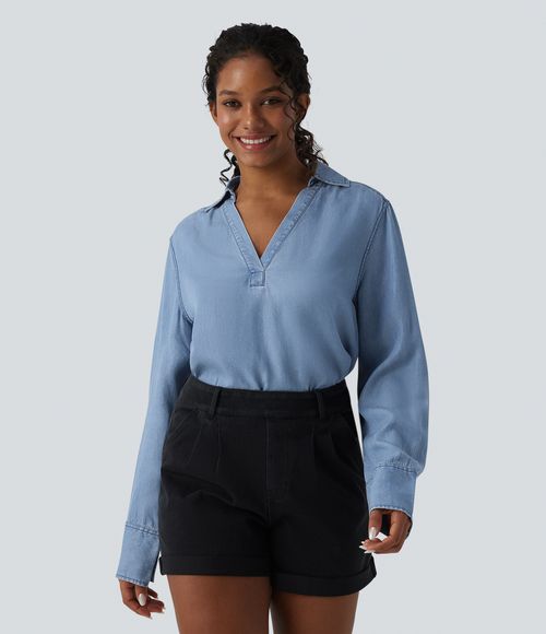 V Neck Long Sleeve Denim Casual Blouse  - Blue Jasper Denim