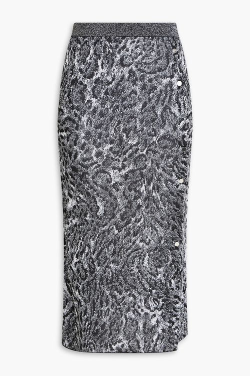 Button-detailed metallic jacquard-knit skirt