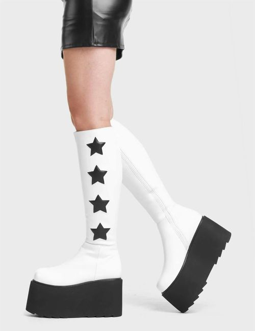 Lamoda Extraterrestrial WhitePU Knee High Platform Boots with Black Star