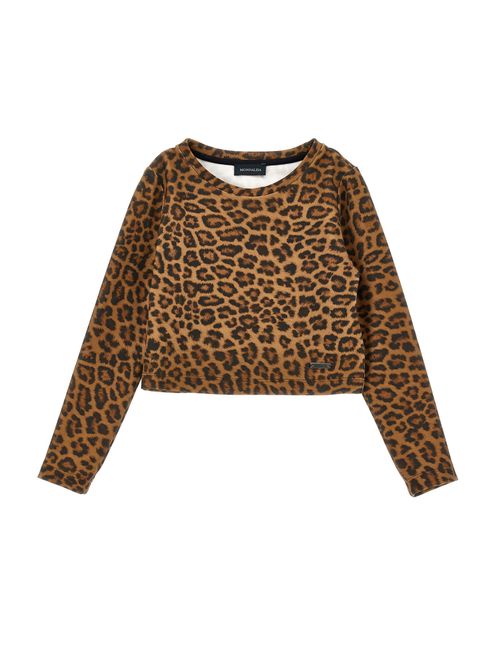 Girl Leopard Print Sweater with Round Neck & Long Sleeves