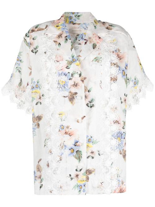 Floral-print embroidered-appliqué shirt - White