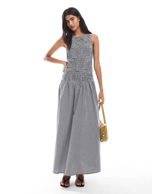 Dropped waist shirred maxi dress in black gingham