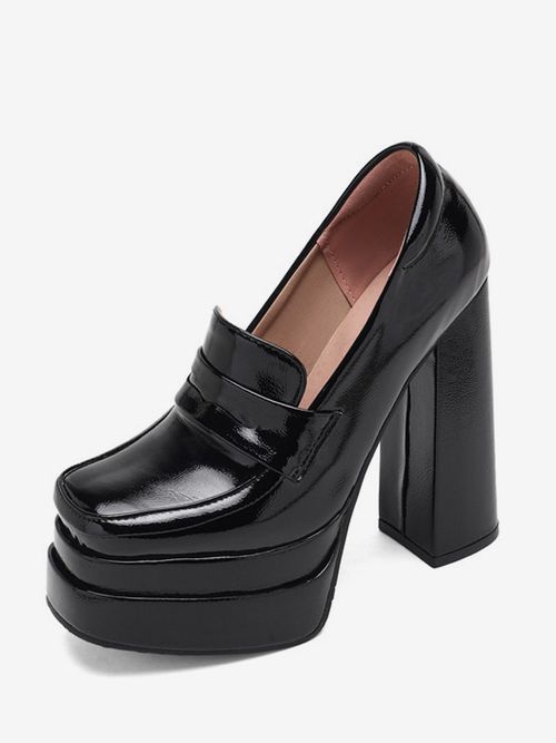 Women's Black Loafers High Heel Platform Suqare Toe Slip On Pump