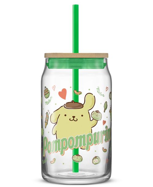 Hello Kitty and Friends Favorite Flavor Pompompurin Can Shaped Glass Tumbler with Wood Lid and Straw - Multi