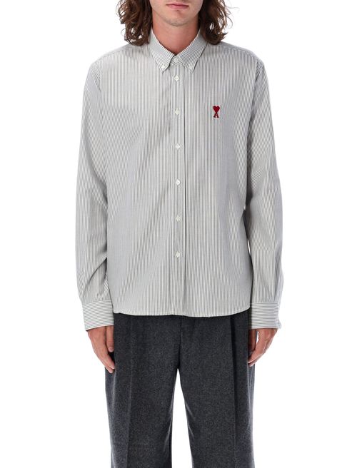 Men's Regular Fit Fine Striped Cotton Shirt with Red Heart Embroidery