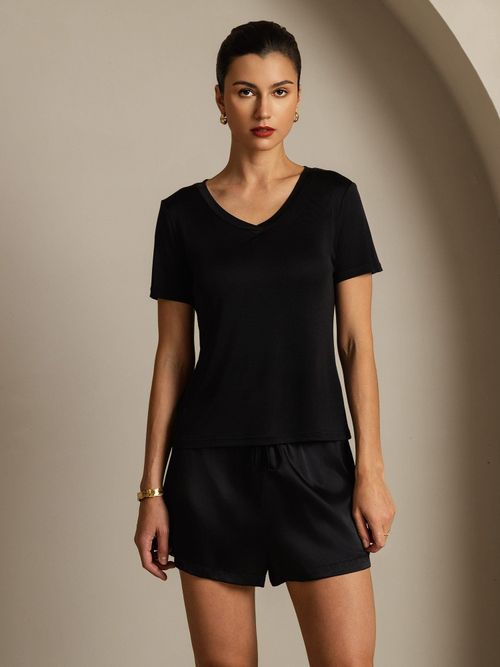 Pure Silk V-Neck Short Sleeves Women's T-Shirt