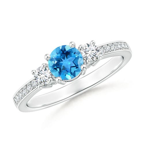 Angara 0.6 Carat Classic Three Stone Round Swiss Blue Topaz and Diamond Engagement Ring in Platinum