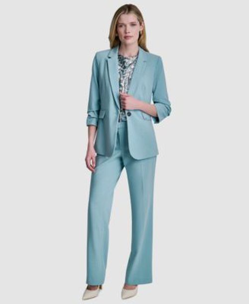 Womens Notch Collar Ruched Sleeve Blazer Printed Cowl Neck Blouse Mid Rise Ankle Length Pants