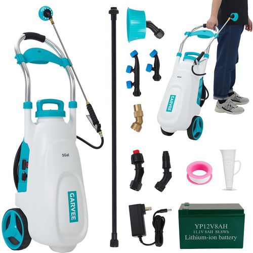 Garvee 5.3-Gallon Wheeled Battery Sprayer, 12V , 90 PSI Adjustable Pressure, 6 Nozzles & 2 Wands for Lawn & Garden