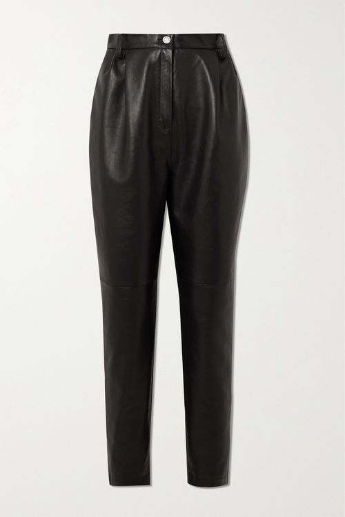 Cropped Leather Tapered Pants - Black