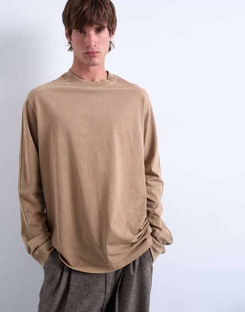 Long sleeve oversized raglan t-shirt in washed stone-Neutral