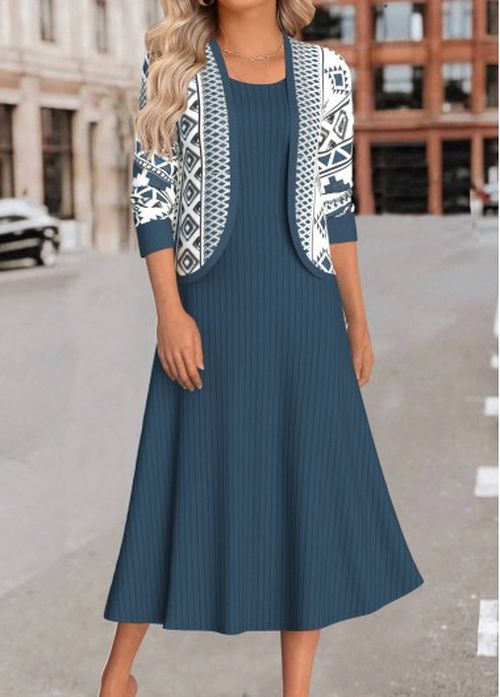 Modlily Peacock Blue Two Piece Geometric Print Dress and Cardigan