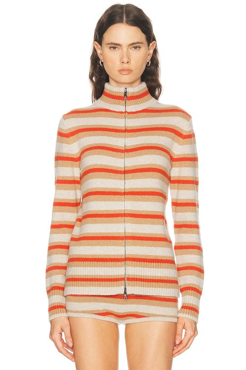 The Elder Statesman Hallie Stripe Zip Cardigan in Persimmon Stripe - Beige,Orange. L also in