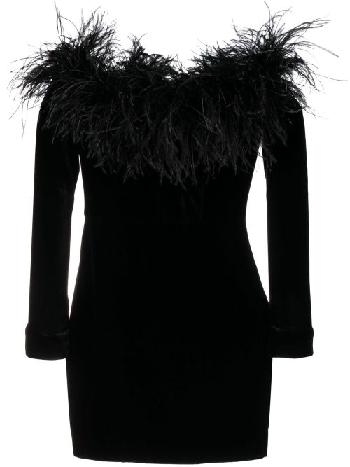 Feather-Trimmed Velvet Dress — Black
