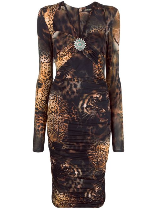 Ruched animal-print midi dress - Brown