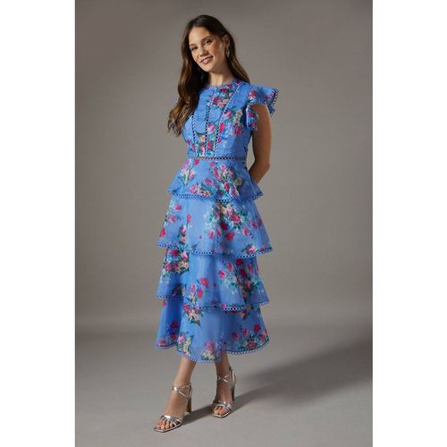 Coast Women's Lace Trim Tiered Organza Midi Dress in Blue