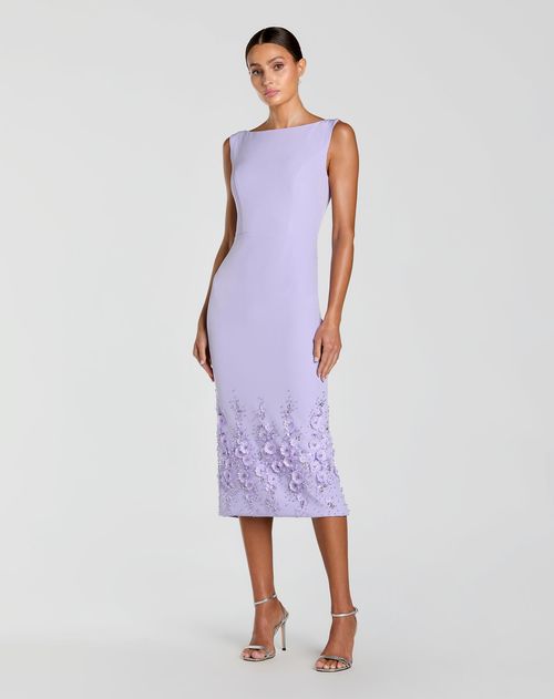 Purple Crepe Sleeveless Midi Dress With Flower Beading