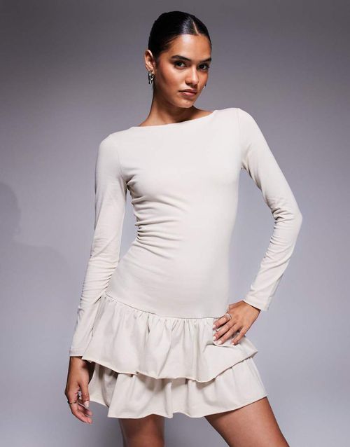 Cotton long sleeve drop waist ruffle hem mini dress in stone-White