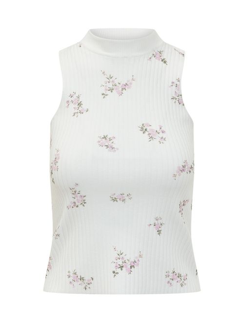 White Floral Mock Collar Top