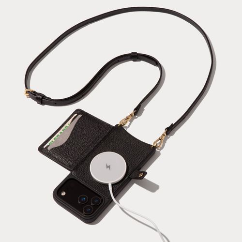 Mila MagSafe Charging Crossbody Bandolier in Black/Gold | 17 / iPhone Regular | Genuine Leather |
