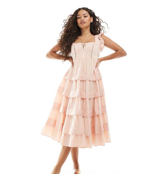 Lace eyelet trim babydoll midi dress in peach-Yellow
