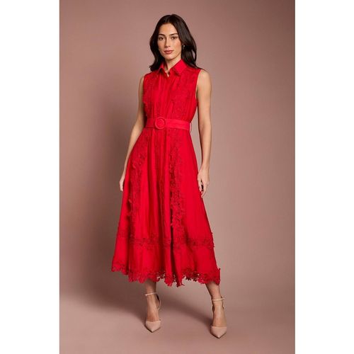 Coast Women's Lace Panelled Belted Sleeveless Midi Shirt Dress in Flame Red