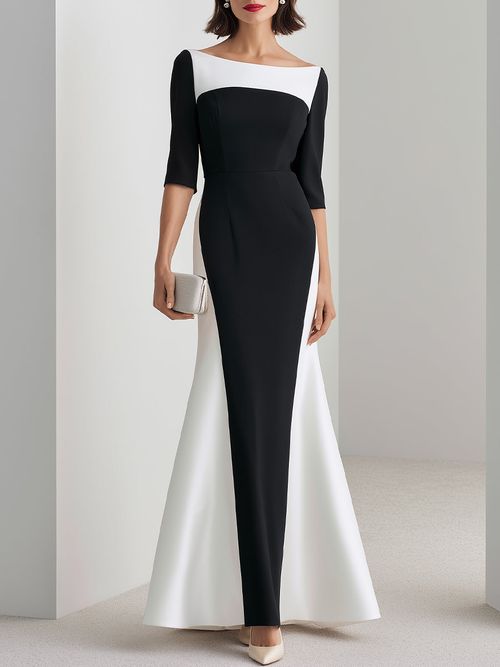 Colorblock Bateau Neck Mermaid Evening Gown - Black