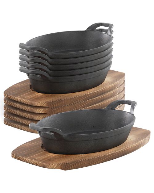 6pc Mini Cast Iron Oval Pan with Wood Trivet Set